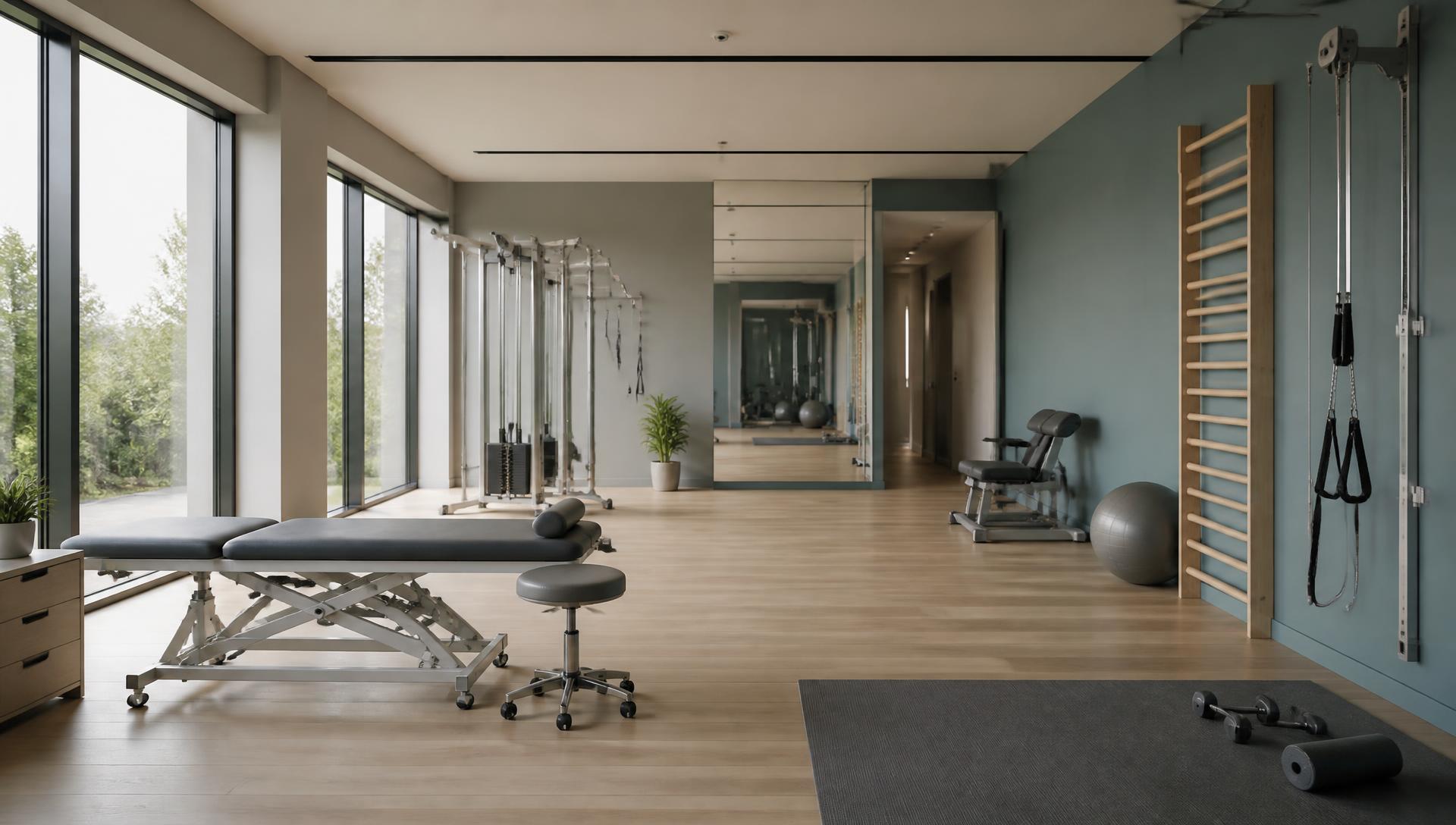 Nowoczesna sala rehabilitacyjna wyposażona w stół i przyrządy